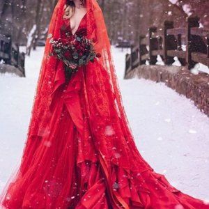 Elegant Rose Red Gothic Wedding Dress